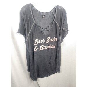 TORRID Beer Babes & Baseball Charcoal Grey Burnout Crisscross Tee Size 3x‎ Top